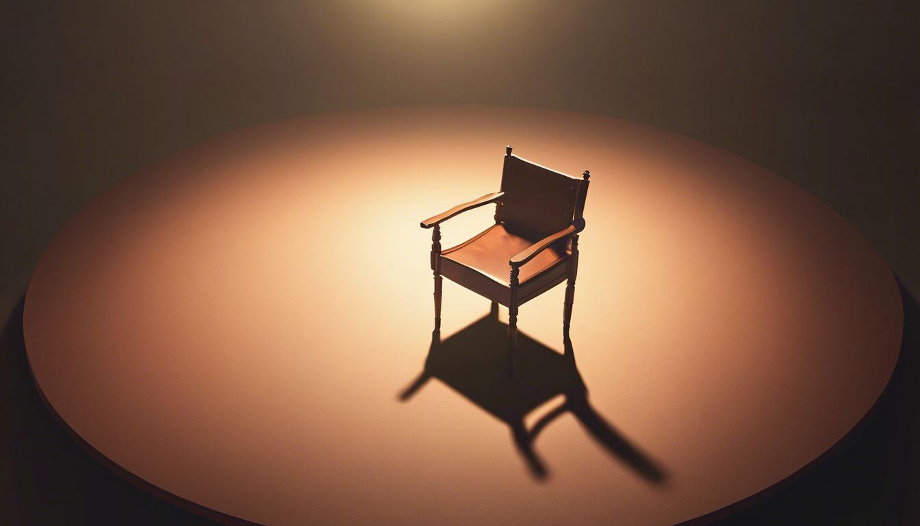 Cadeira vazia sob um foco de luz quente, sombra longa no chão.