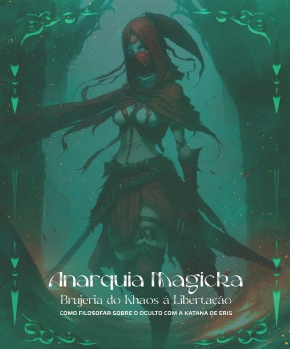 Capa de Anarquia Magicka, figura de capuz vermelho e espada em floresta verde.