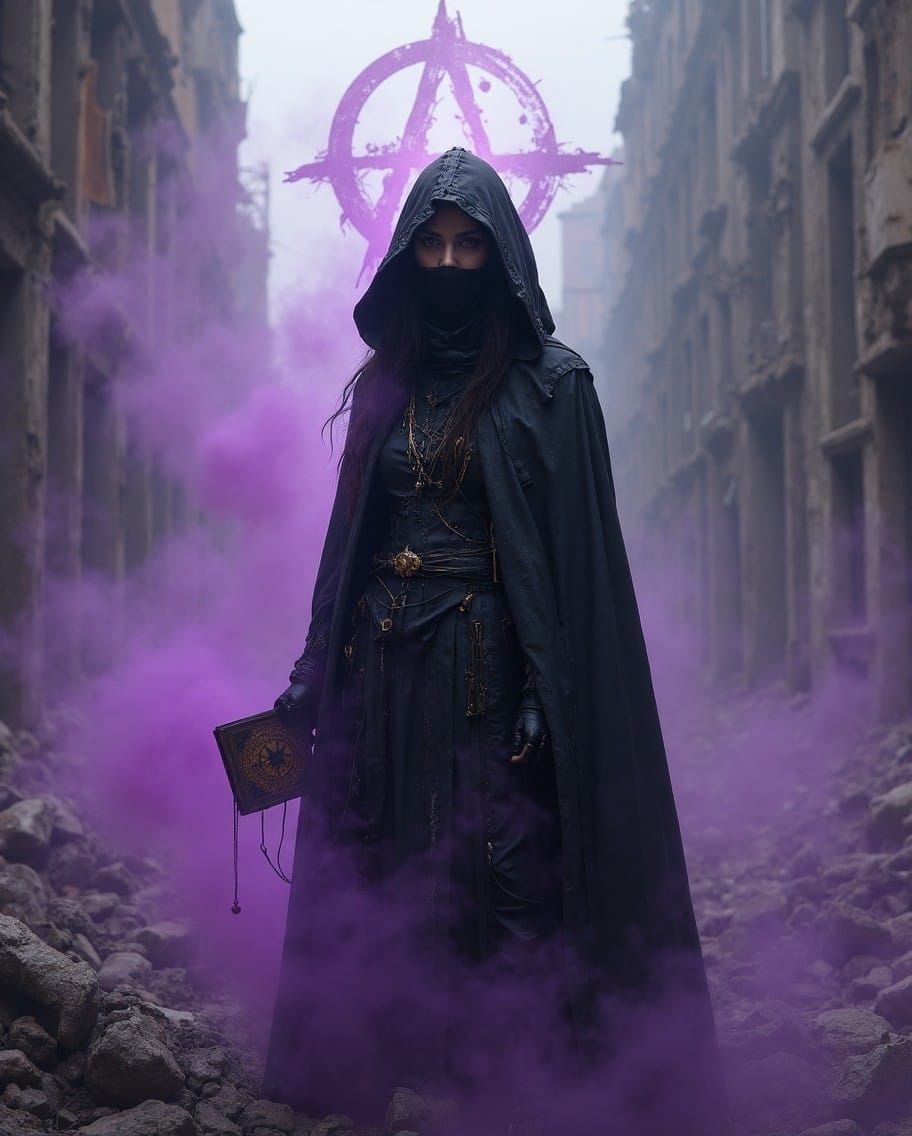Figura encapuzada numa rua em ruínas, fumaça violeta e um círculo anárquico luminoso.