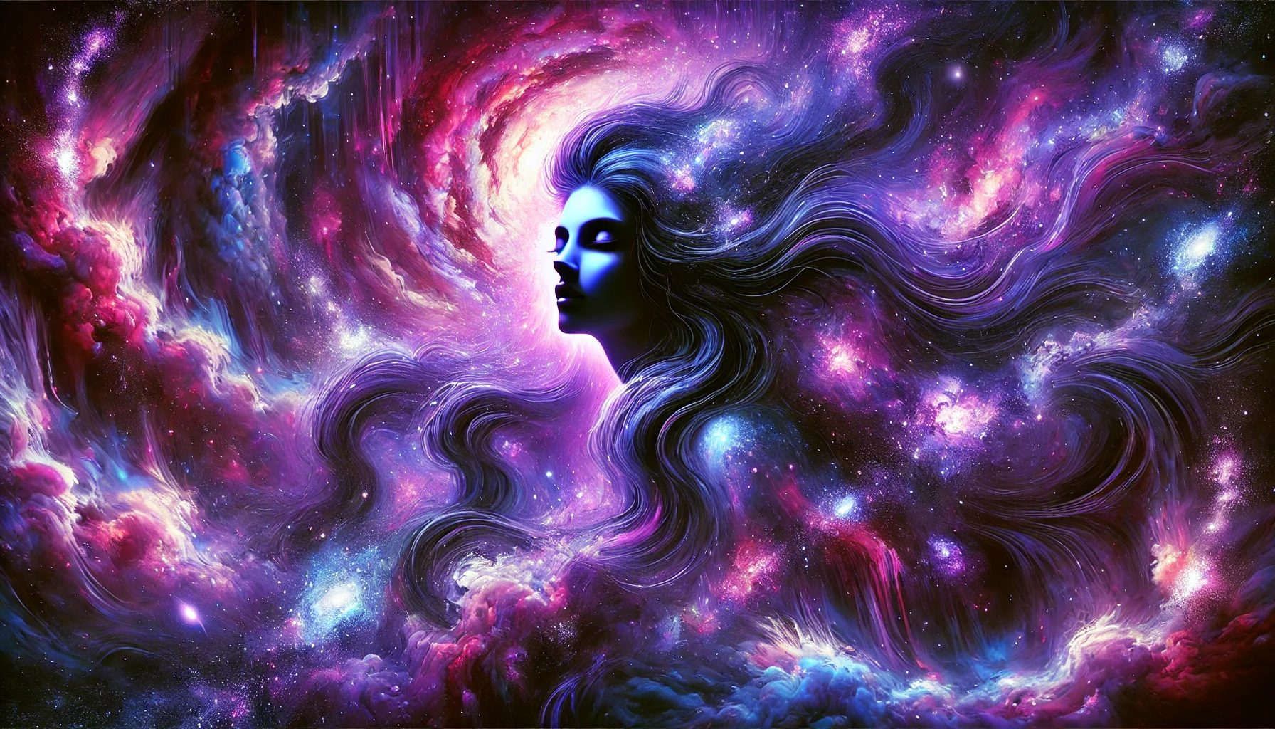 Perfil azul de uma mulher cujo cabelo se dissolve numa nebulosa violeta e magenta.